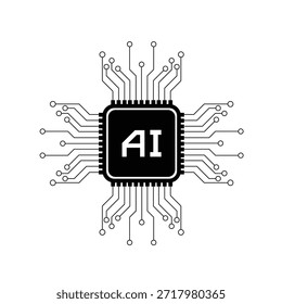 Esta Imagen representa un circuito integrado con las letras 'AI' prominentemente mostradas en el centro. El circuito está rodeado de numerosas conexiones y caminos, que simbolizan la compleja naturaleza de la tecnología de inteligencia artificial. El diseño enfatiza la intersección de tecnología avanzada e inteligencia artificial.
