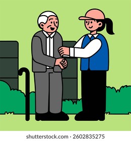 This image depicts an interaction between different generations, where a younger individual gives something to an older individual.