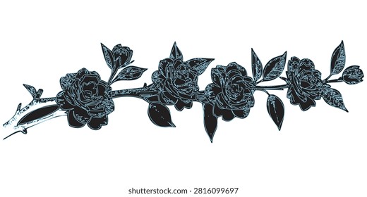 This image depicts an intricately detailed dark gothic-style branch with multiple roses and leaves, exuding a mysterious and eerie ambiance.