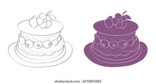 This image depicts a line drawing of a multi-layered cake with berries and a flower on top. There are two versions of the image, one in black and white and one in purple.