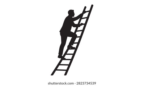 This image depicts a man climbing a ladder, rendered as a black silhouette against a white background. The silhouette style