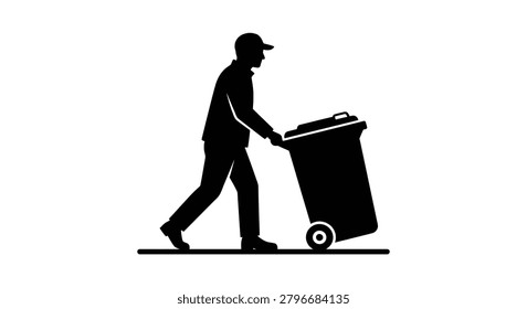This image depicts a man pushing a wheeled garbage bin presented as a stark black silhouette against a white background. The distinct silhouette style emphasizes the form and shape of