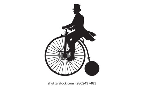 This image depicts a man riding a penny-farthing bicycle, rendered as a black silhouette against a white background. The silhouette