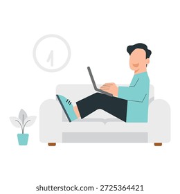 This image depicts a man sitting comfortably on a couch with a laptop, conveying a sense of relaxation and modernity. The minimalist background and simple decor create a peaceful atmosphere, suggesting a cozy and inviting space for work or leisure.