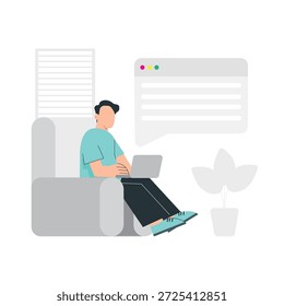 Esta imagem mostra um homem sentado confortavelmente em um sofá com um laptop no colo, em uma sala de estar moderna. A cena exala uma sensação de relaxamento e tranquilidade, com decoração minimalista e iluminação suave. O homem parece estar envolvido em uma atividade de lazer, talvez navegando na internet ou trabalhando remotamente. A atmosfera geral é pacífica e calmante, convidando o espectador a relaxar e apreciar a simplicidade do momento.