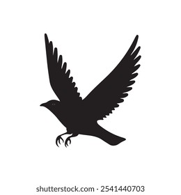 This image depicts a minimalist black silhouette of a bird in flight. The bird's wings are spread wide, with feather details stylized in a way that suggests movement. 