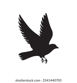 This image depicts a minimalist black silhouette of a bird in flight. The bird's wings are spread wide, with feather details stylized in a way that suggests movement. 