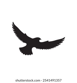 This image depicts a minimalist black silhouette of a bird in flight. The bird's wings are spread wide, with feather details stylized in a way that suggests movement.