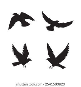 This image depicts a minimalist black silhouette of a bird in flight. The bird's wings are spread wide, with feather details stylized in a way that suggests movement. 