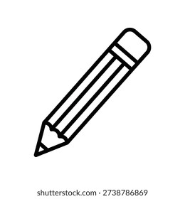 This image depicts a minimalist, black and white line drawing of a traditional pencil. The pencil features a hexagonal barrel, a cylindrical eraser at the top, and a sharpened tip at the bottom. The design is clean and straightforward, emphasizing the basic structure of a pencil.