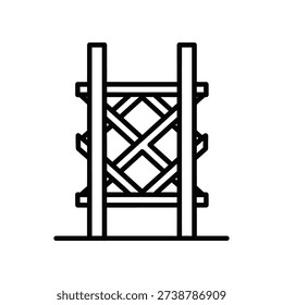 This image depicts a minimalist, black and white line drawing of a small wooden gate. The gate features a lattice pattern in the middle, supported by two vertical posts and a crossbar at the top and bottom, giving it a classic and traditional appearance. It stands on a simple base, emphasizing its simple yet sturdy design.
