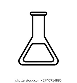 This image depicts a minimalist black and white line drawing of an Erlenmeyer flask, a common piece of laboratory glassware. The flask has a conical shape with a flat bottom and a cylindrical neck, which is slightly flared at the top. This type of flask is typically used in laboratories for mixing, heating, and stirring liquids.