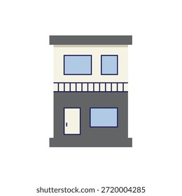 Esta imagem representa uma ilustração gráfica minimalista de uma casa de dois andares com uma varanda, apresentando um design moderno e simples. A casa apresenta uma base cinza, seção superior de cor creme e um telhado cinza escuro. A varanda está adornada com um corrimão, e as janelas e a porta estão emolduradas em azul. A ilustração é colocada contra um fundo branco limpo, enfatizando as linhas e formas elegantes da casa. A imagem é perfeita para uso em projetos arquitetônicos, marketing imobiliário ou como elemento decorativo em mídia digital.