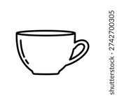 This image depicts a minimalist line drawing of a white teacup. The cup has a smooth, rounded shape and a single handle extending from its right side. The drawing is in black and white, giving it a clean and simple appearance.