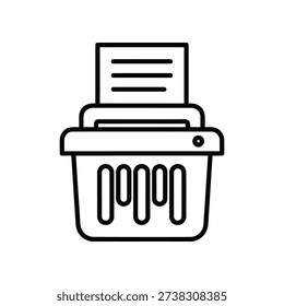 This image depicts a minimalist line drawing of a paper shredder. The shredder is shown with a sheet of paper being fed into the top slot, and shredded strips emerging from the bottom. The design is clean and straightforward, emphasizing functionality and simplicity.