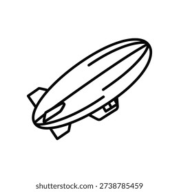 This image depicts a minimalist line drawing of a zeppelin or blimp, characterized by its elongated, cylindrical body and tapered ends. The design includes a gondola hanging beneath the airship, emphasizing its historical and vintage aesthetic. This type of airship is often associated with early aviation and exploration.