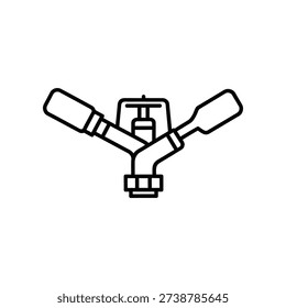 This image depicts a minimalist line drawing of a bathroom faucet. The faucet features two separate handles, one on each side, connected to a central body with a single spout. The design is simple and lacks intricate details, focusing on the basic structure of a typical bathroom faucet.
