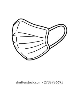 This image depicts a minimalist line drawing of a disposable face mask. The mask is shown in a folded state, featuring pleated layers and ear loops for securing it around the head. The design is clean and straightforward, highlighting the key features of a typical surgical or protective mask.