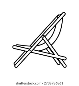 This image depicts a minimalist line drawing of a folding deck chair. The chair is shown in an open position with its frame fully extended, featuring crossbars and a seat structure. The design is abstract and lacks detailed textures or colors, focusing solely on the basic geometric shapes and lines that define the chair’s form.