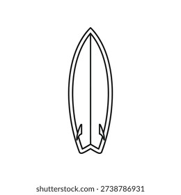 This image depicts a minimalist line drawing of a surfboard, showcasing its classic elongated shape, pointed nose, and three tail fins. The design is simple and clean, emphasizing the surfboard's aerodynamic form typically used for riding waves in surfing sports. The outline captures the essential features without additional details, making it versatile for various artistic or instructional uses.