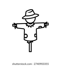 This image depicts a minimalist line drawing of a scarecrow. The scarecrow has a wide-brimmed hat, two large patches for eyes, a triangular nose, and a stitched mouth. It stands on a thin pole, with its arms positioned outwards to hold the hat in place. The drawing is in black and white, featuring clean and simple lines.