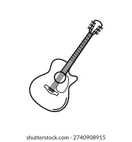 This image depicts a minimalist line drawing of an acoustic guitar. The guitar has a rounded body, a neck extending upwards, six strings, and tuning pegs at the top. The drawing is clean with no shading or color, giving it a basic and straightforward appearance.