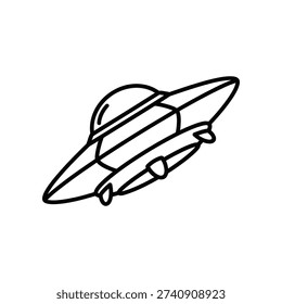 This image depicts a minimalist line drawing of a flying saucer or UFO. The design features a sleek, aerodynamic body with a smooth, rounded dome on top and two distinct engines or thrusters at the rear. The craft appears to be in motion, suggested by the trailing lines extending from the back, giving it a dynamic and futuristic appearance. The simplicity of the sketch emphasizes its iconic shape and imaginative appeal, often associated with science fiction and space exploration themes.