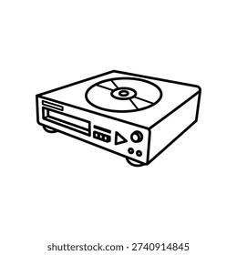 This image depicts a minimalist line drawing of a classic CD player with the disc tray open. The CD player features a tray loaded with a CD, a display screen, and several control buttons including play, pause, and volume controls. The design captures the nostalgic aesthetic of 1990s consumer electronics.