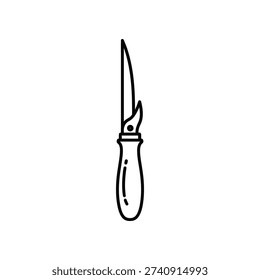 This image depicts a minimalist line drawing of a pocket knife. The knife features a single-edged blade with a crossguard and a simple handle, rendered in a straightforward, unshaded style. It is oriented vertically, emphasizing the blade's sharp tip and the handle's grip area.