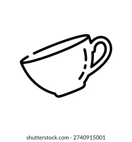 This image depicts a minimalist line drawing of a teacup that appears broken or incomplete, missing a portion of its rim and showing the interior outline. The teacup has a handle on its right side, drawn with a clean and simple stroke.