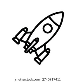 This image depicts a minimalist line drawing of a rocket ship oriented diagonally upwards, suggesting motion. The rocket has two symmetrical side boosters attached to its base and a circular window near the top. The design is clean and stylized, emphasizing the rocket's structure with bold, continuous lines and minimal detail.