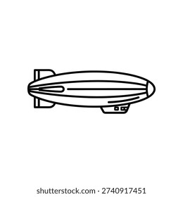 This image depicts a minimalist line drawing of a blimp or airship, characterized by its elongated, cylindrical body with rounded ends. The structure includes a small attachment at the rear, likely representing a mooring cleat or anchor point, indicating its use for securing the airship to the ground. The design is simplistic, focusing on basic shapes and lines to convey its form and function.