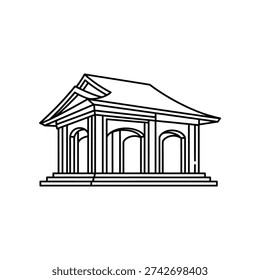 This image depicts a minimalist line drawing of a neoclassical building, characterized by its symmetrical design, triangular pediment, and prominent columns. The architectural style is reminiscent of ancient Greek or Roman temples, featuring a frieze, architraves, and a gabled roof. The simplicity of the drawing emphasizes the building's structural elements, making it a recognizable representation of neoclassical architecture.