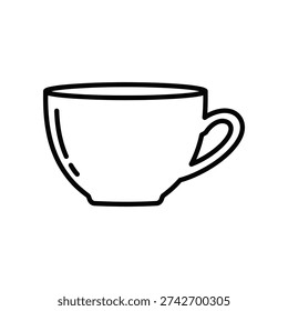 This image depicts a minimalist line drawing of a white teacup. The cup has a smooth, rounded shape and a single handle extending from its right side. The drawing is in black and white, giving it a clean and simple appearance.