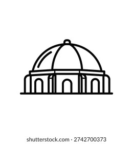 This image depicts a minimalist line drawing of a grand building featuring a large dome at the center. The structure includes multiple tall columns arranged symmetrically, supporting a detailed entablature. The dome is topped with a small circular feature, possibly a finial or lantern, and the overall design suggests classical or neoclassical architectural influences.