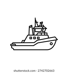 This image depicts a minimalist line drawing of a small utility workboat. The boat has a compact structure with a prominent cabin and bridge area towards the rear, featuring a mast with some equipment. The vessel appears to be designed for practical, functional use, likely for tasks such as maintenance, surveying, or small-scale operations on water.