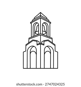 This image depicts a minimalist line drawing of a traditional church building. The structure features a prominent central tower with multiple arched windows and a cross at the top. The design includes symmetrical wings on either side of the tower, each with similar arched window patterns, giving it a balanced and timeless appearance.