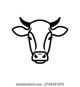 This image depicts a minimalist line drawing of a cow's head viewed from the front. The drawing features prominent horns, large ears, and simple facial features including eyes and a nose. The style is simplistic and abstract, focusing on the essential elements of a cow’s face.