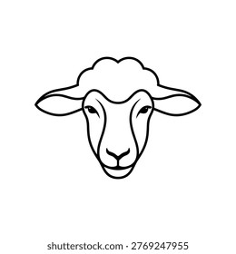 This image depicts a minimalist line drawing of a sheep's head facing forward. The sheep has two curved horns, large outward ears, and a simple facial expression with eyes, nostrils, and a small mouth. The drawing is rendered in black and white, emphasizing the sheep's distinctive features.