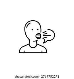 This image depicts a minimalist line drawing of a person with a speech bubble, conveying the act of speaking or communication. The simple design makes it versatile for various applications, from digital interfaces to print materials.