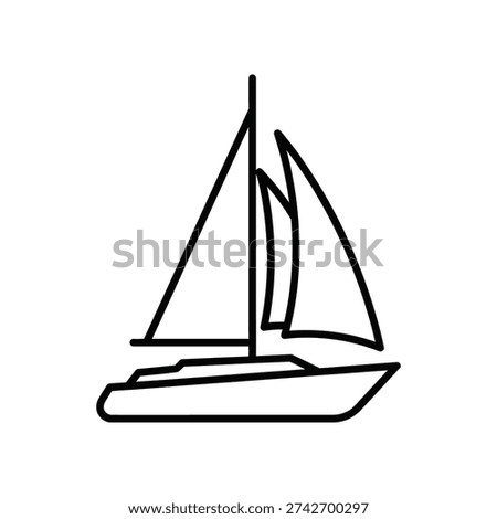 This image depicts a minimalist line drawing of a sailboat with two masts, showcasing its hull, sail, and rudder. The design is clean and abstract, emphasizing the essential elements of a traditional sailing vessel in a stylized, monochromatic format.