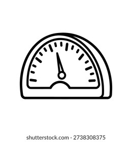 This image depicts a minimalist and stylized illustration of a speedometer gauge. The gauge is semicircular with a white background and black outlines, featuring tick marks and a central needle pointing to a specific value. It is designed in a simple, clean style that emphasizes functionality and clarity.