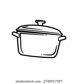 This image depicts a minimalistic, hand-drawn sketch of a stockpot. The pot has a rounded body, a lid with a simple knob on top, and a straight handle on one side. The drawing is in black and white, giving it a basic and functional appearance.