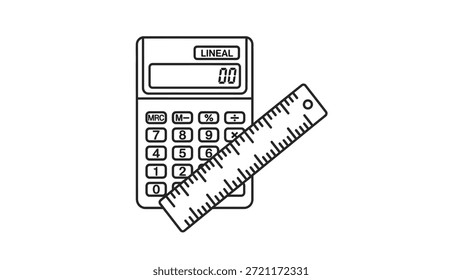This image depicts a minimalistic line drawing of a calculator with a ruler diagonally placed, emphasizing measurement and calculation tools suitable for educational or engineering contexts. The