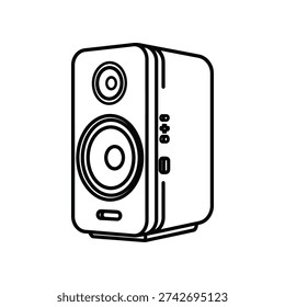 This image depicts a modern, minimalist speaker system featuring two circular drivers, one larger woofer at the bottom and a smaller tweeter near the top. The speaker has a control panel on its right side, including volume and input controls, and appears to be designed for high-quality audio output in a compact form factor.