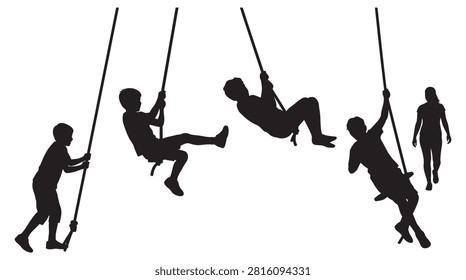 This image depicts multiple people swinging on ropes, rendered as a black silhouette against a white background. The silhouette style