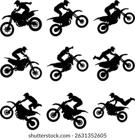 This image depicts multiple silhouettes of a motorcyclist performing exciting actions; it shows a rider and motorcycle executing different stunts in various dynamic poses and positions.