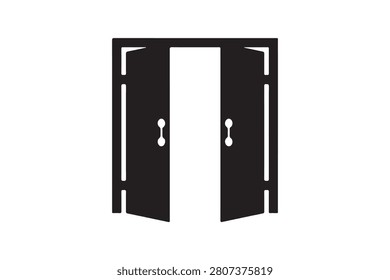 This image depicts an open double doors silhouette on a white background featuring door handles. 