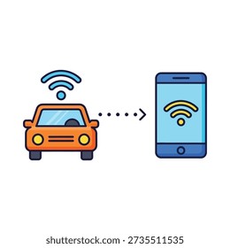 This image depicts an orange car connecting to a blue mobile phone via WiFi. Featuring wireless, connection, technology, internet