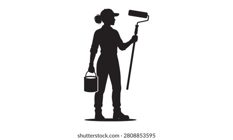 This image depicts a painter holding a paint roller and bucket, presented as a black silhouette against a white background.
